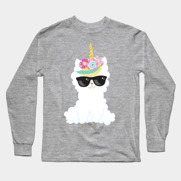 Unicorn Llama, Llama With Sunglasses, Little Llama Long Sleeve T-Shirt by Jelena Dunčević